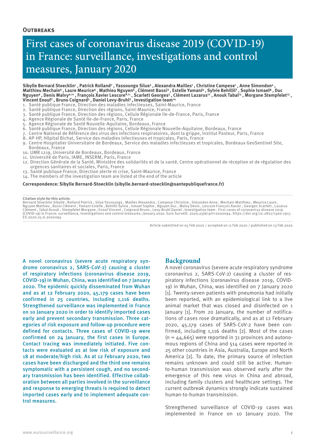 First Cases of Coronavirus Disease 2019 (COVID-19) in France: Surveillance, Investigations and Control Measures, January 2020