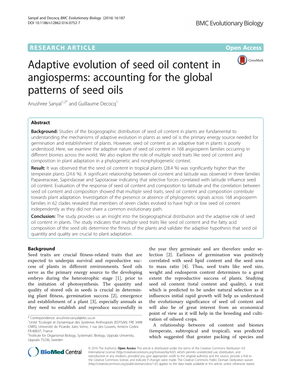 Adaptive Evolution of Seed Oil Content in Angiosperms: Accounting for the Global Patterns of Seed Oils Anushree Sanyal1,2* and Guillaume Decocq1