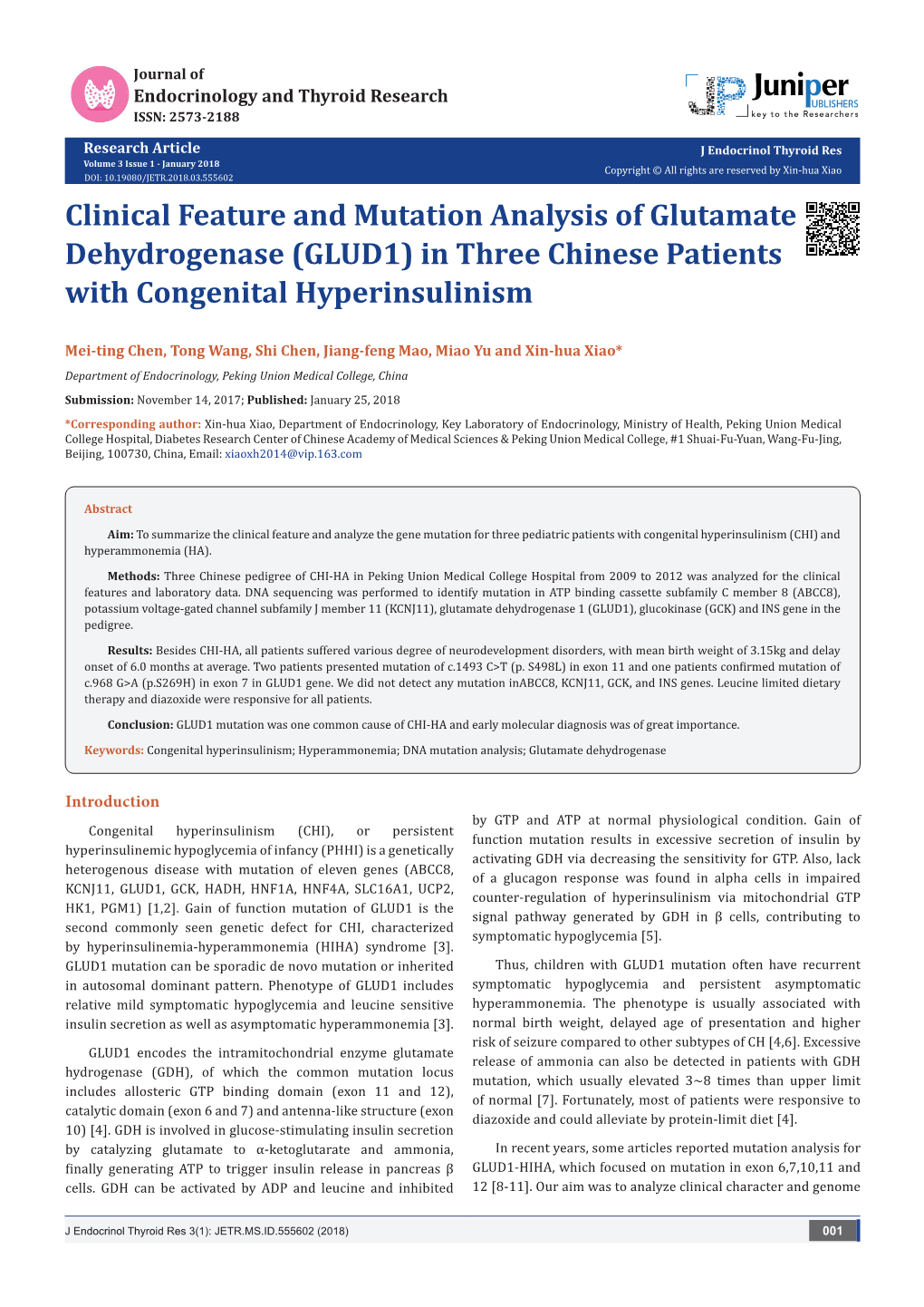 GLUD1) in Three Chinese Patients with Congenital Hyperinsulinism