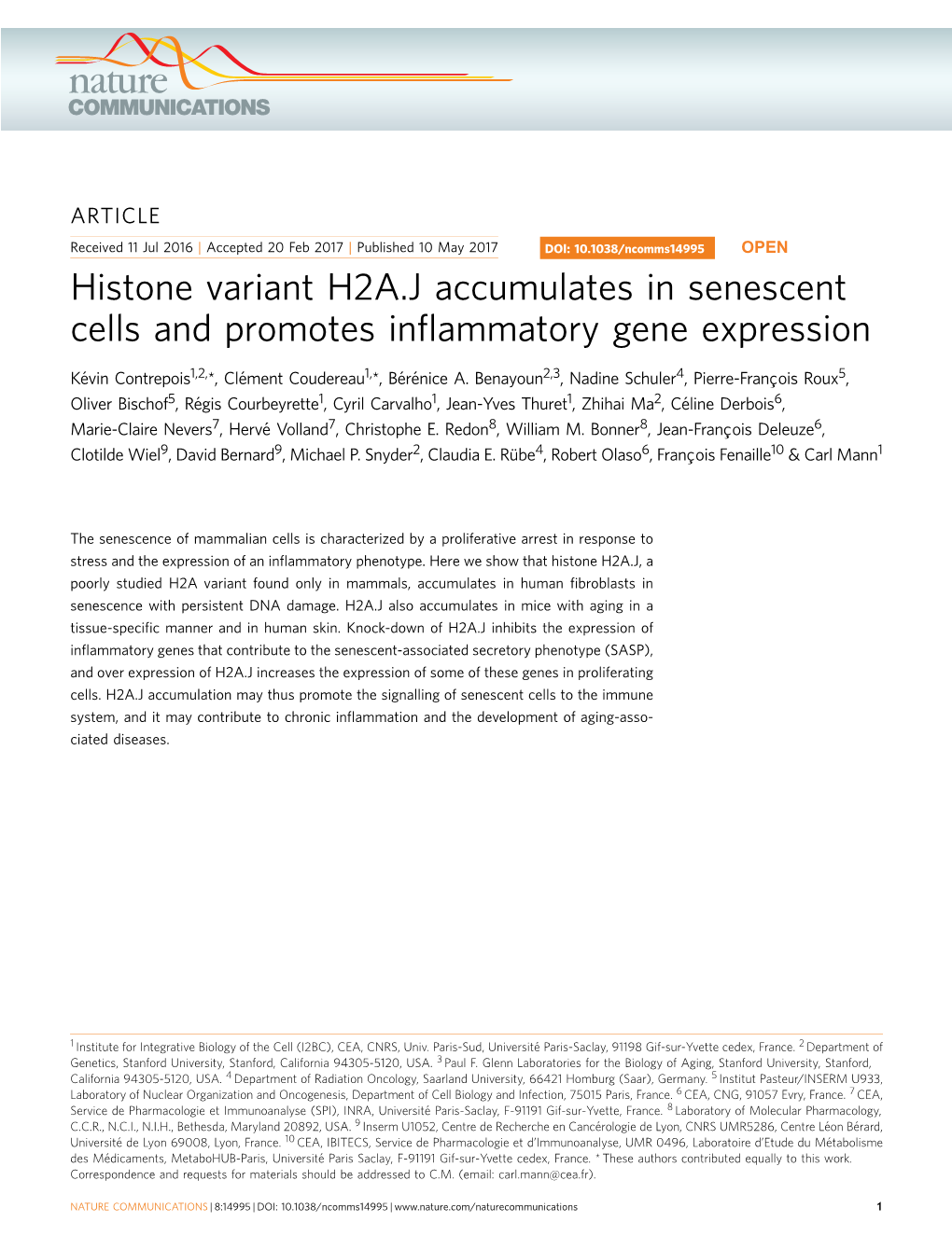 Histone Variant H2A.J Accumulates in Senescent Cells and Promotes Inflammatory Gene Expression
