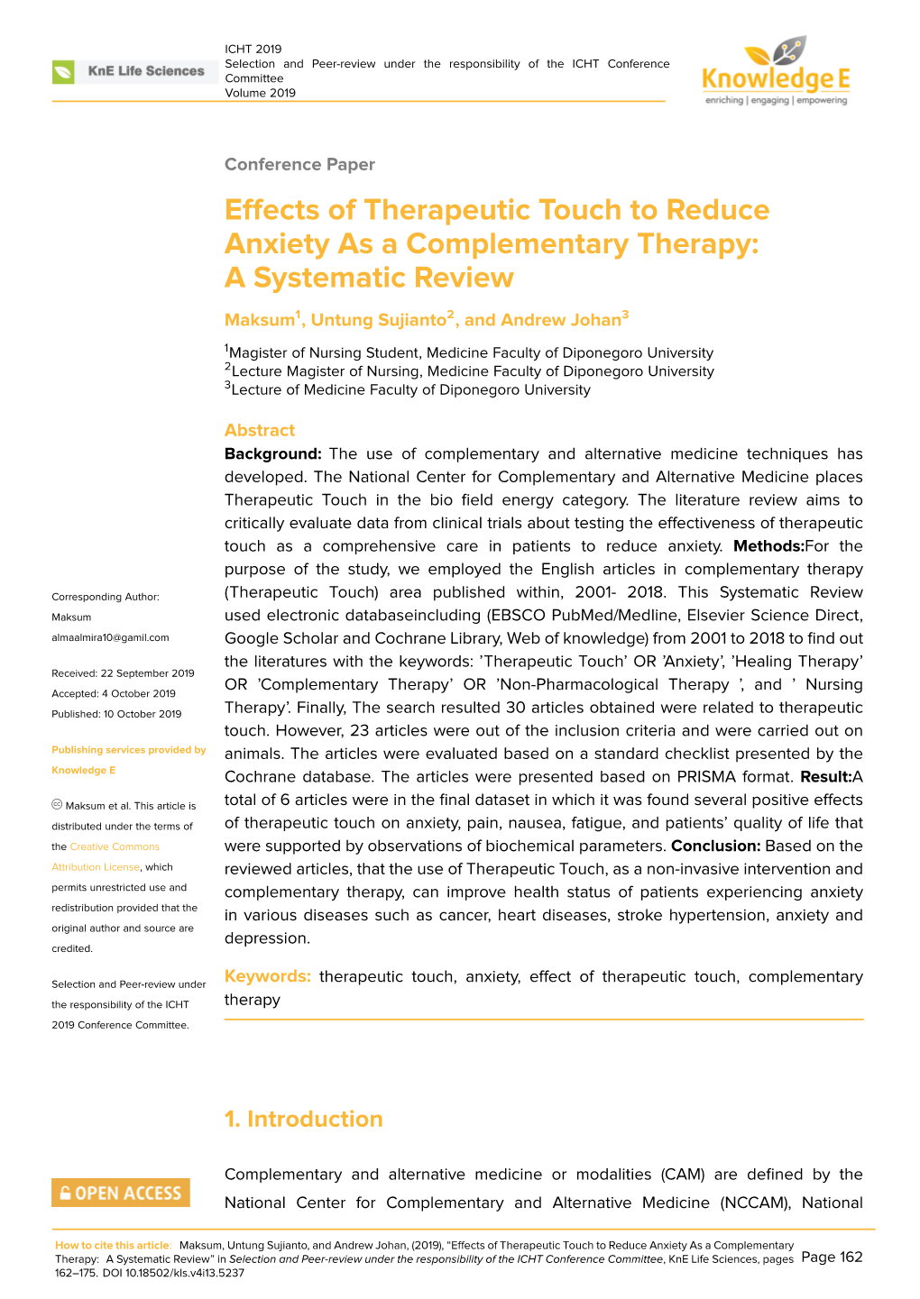 Effects of Therapeutic Touch to Reduce Anxiety