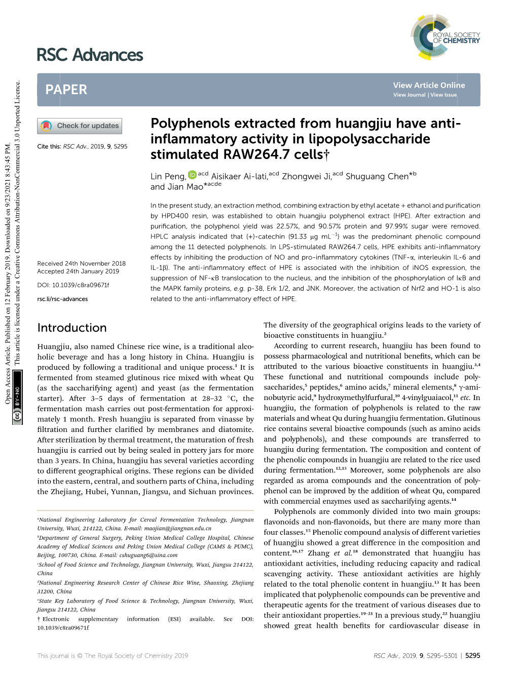 Polyphenols Extracted from Huangjiu Have Anti-Inflammatory Activity In