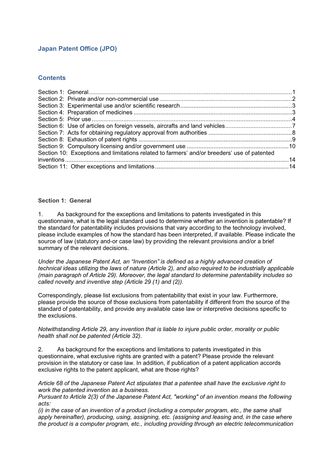 Japan Patent Office (JPO) Contents