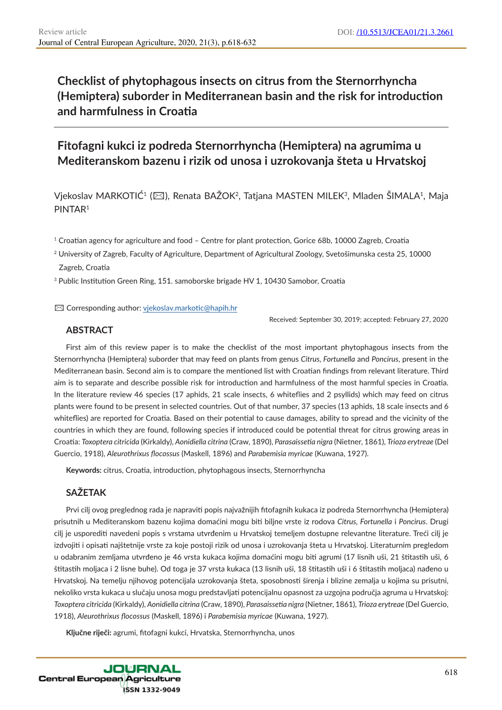 Checklist of Phytophagous Insects on Citrus from the Sternorrhyncha