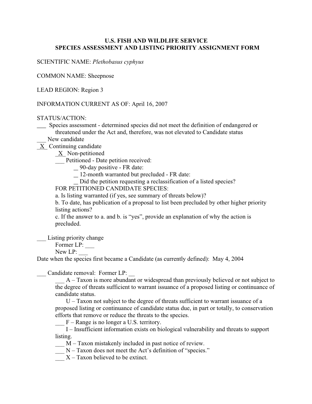 U.S. Fish and Wildlife Service Species Assessment and Listing Priority Assignment Form