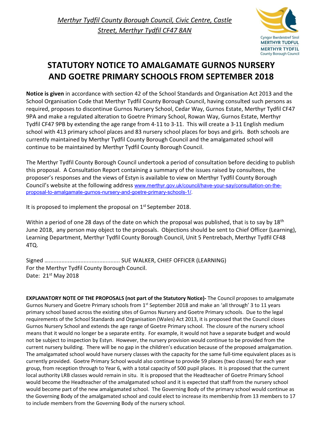 Statutory Notice to Amalgamate Gurnos Nursery and Goetre Primary Schools from September 2018