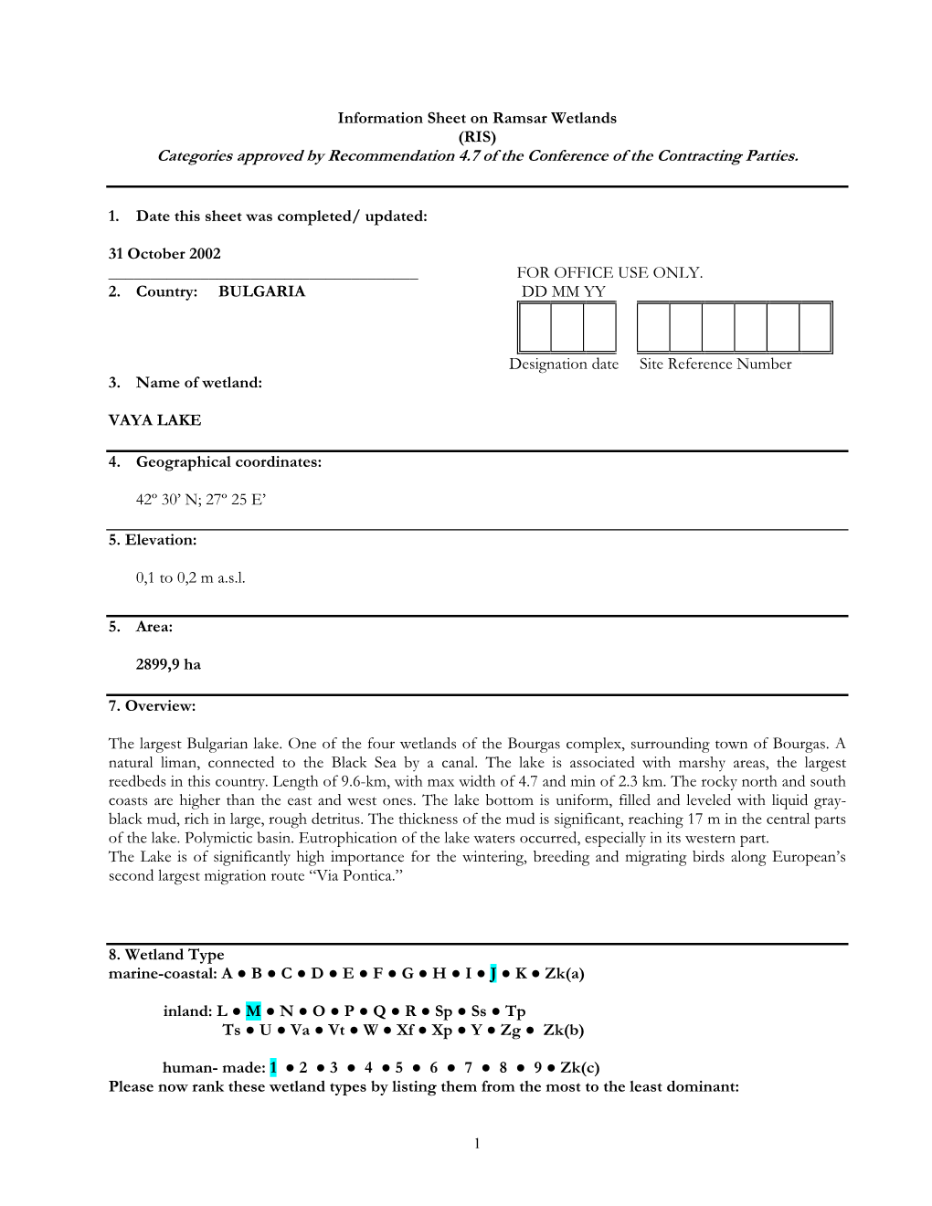 Categories Approved by Recommendation 4.7 of the Conference of the Contracting Parties