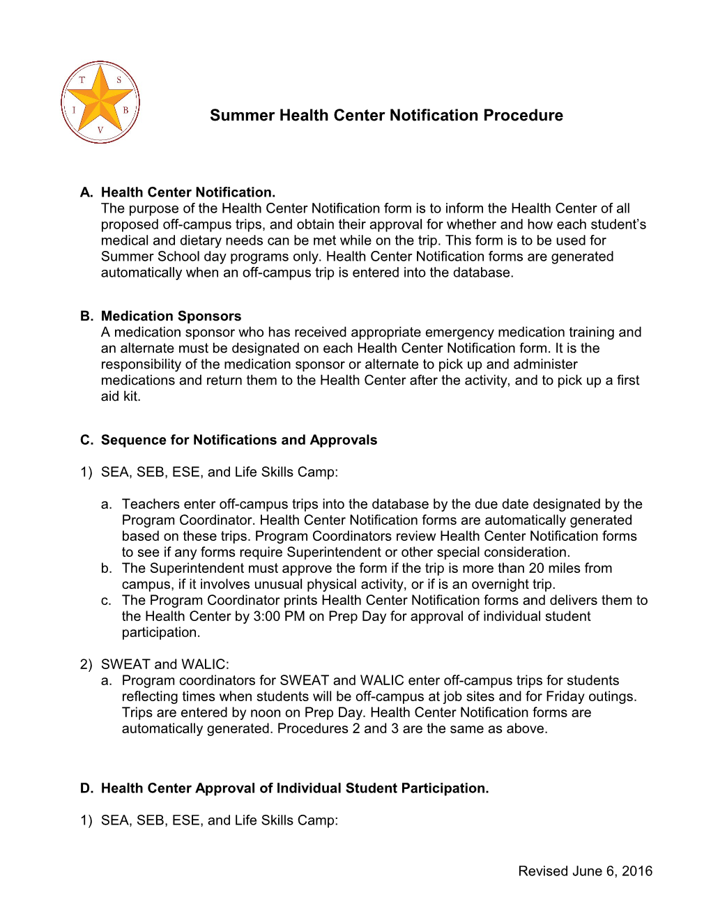 Summer Health Center Notification Procedure