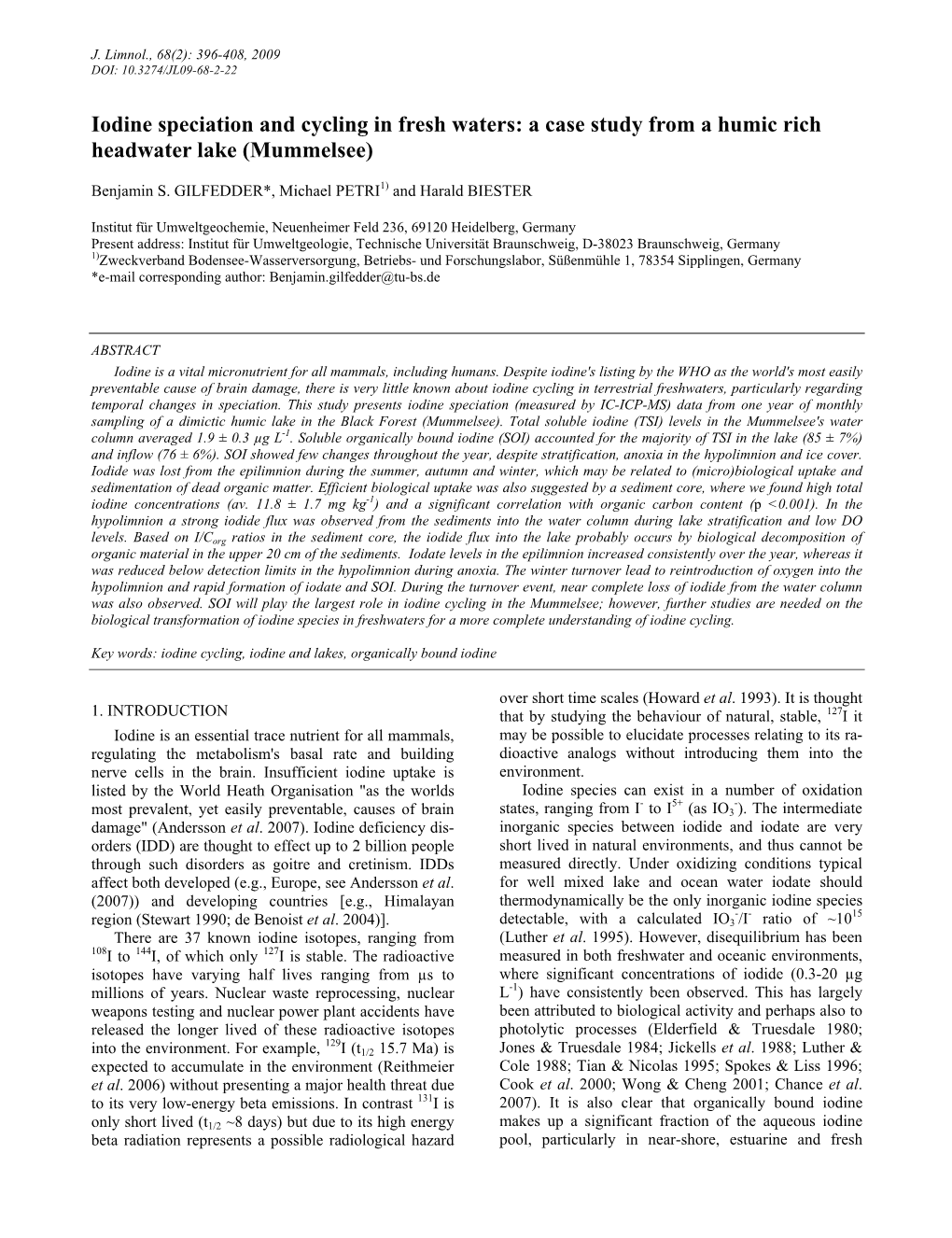 Iodine Speciation and Cycling in Fresh Waters: a Case Study from a Humic Rich Headwater Lake (Mummelsee)