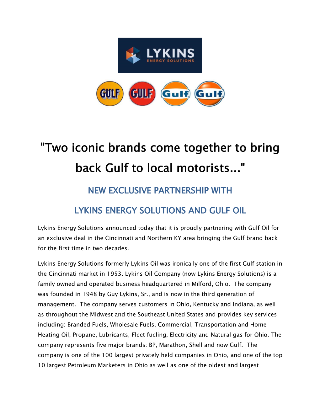 New Exclusive Partnership with Lykins Energy Solutions & Gulf