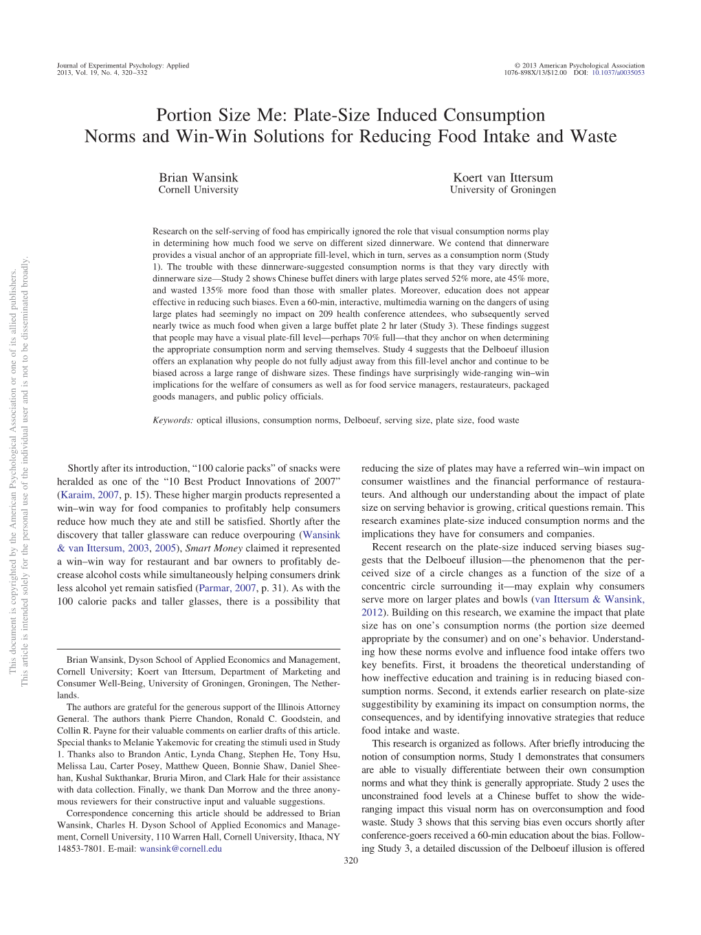 Portion Size Me: Plate-Size Induced Consumption Norms and Win-Win Solutions for Reducing Food Intake and Waste