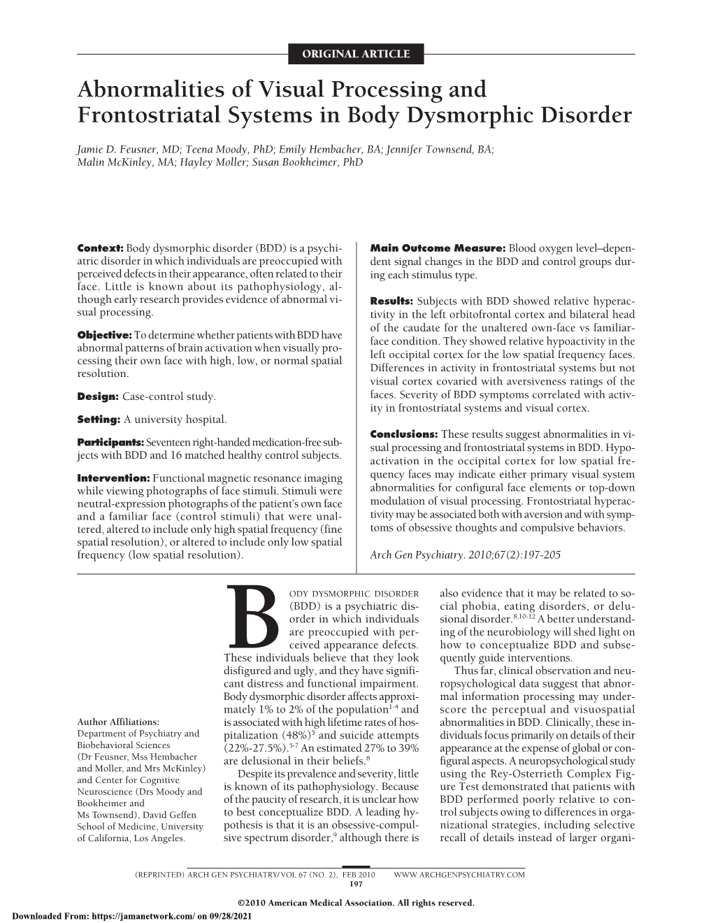 Abnormalities of Visual Processing and Frontostriatal Systems in Body Dysmorphic Disorder