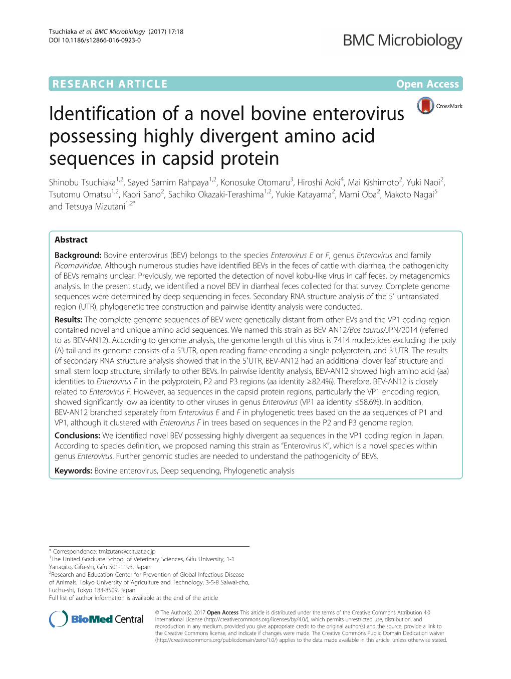 Identification of a Novel Bovine Enterovirus Possessing Highly