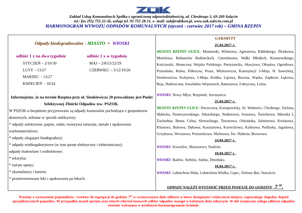 HARMONOGRAM WYWOZU ODPADÓW KOMUNALNYCH (Styczeń - Czerwiec 2017 Rok) – GMINA RZEPIN