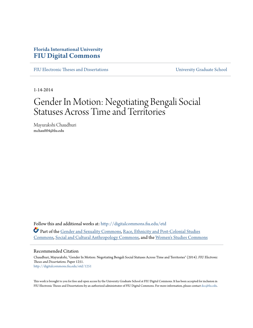 Negotiating Bengali Social Statuses Across Time and Territories Mayurakshi Chaudhuri Mchau004@Fiu.Edu