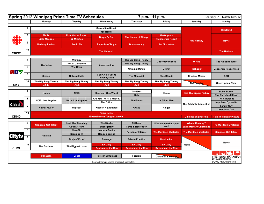 Spring 2012 Winnipeg Prime Time TV Schedules 7 P.M