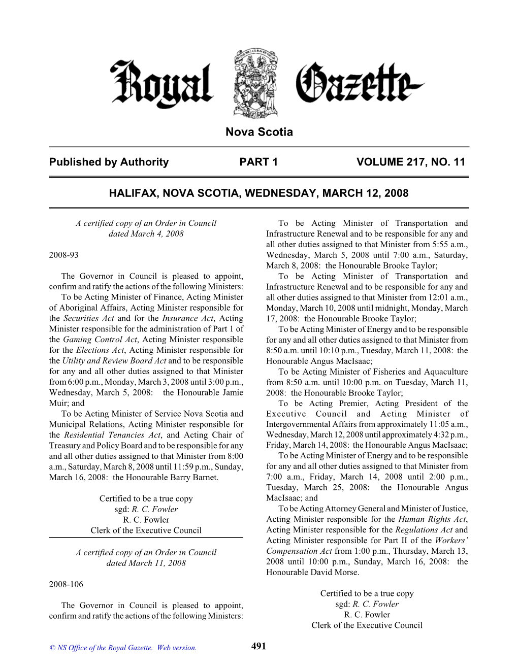 NS Royal Gazette Part I