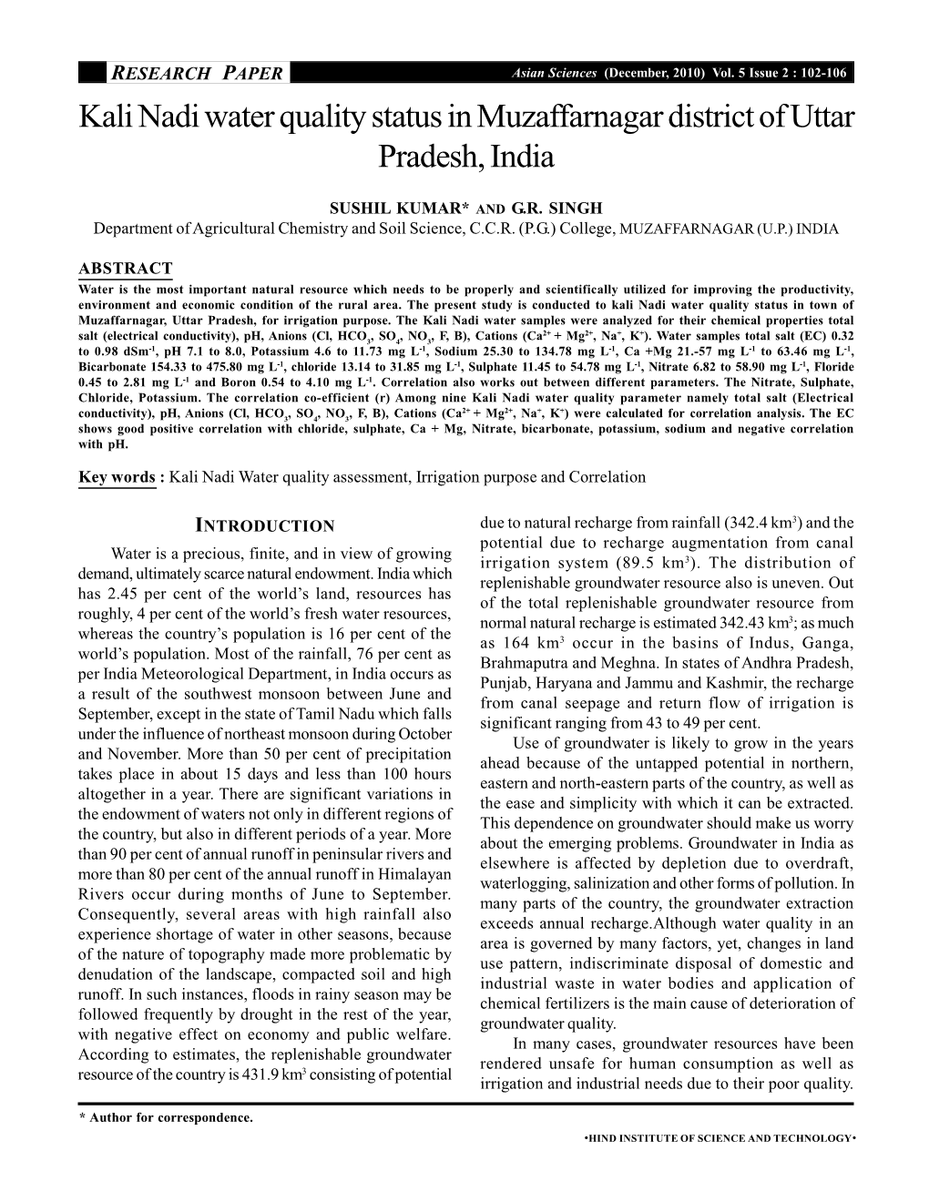 Kali Nadi Water Quality Status in Muzaffarnagar District of Uttar Pradesh, India