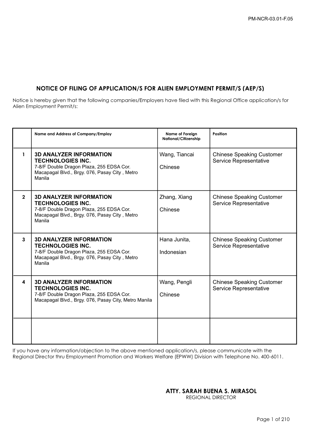 Notice of Filing of Application/S for Alien Employment Permit/S (Aep/S)