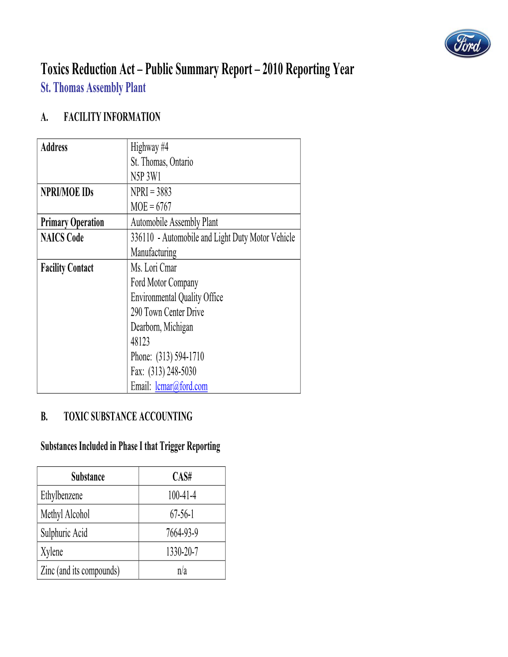 Toxics Reduction Act – Public Summary Report – 2010 Reporting Year St