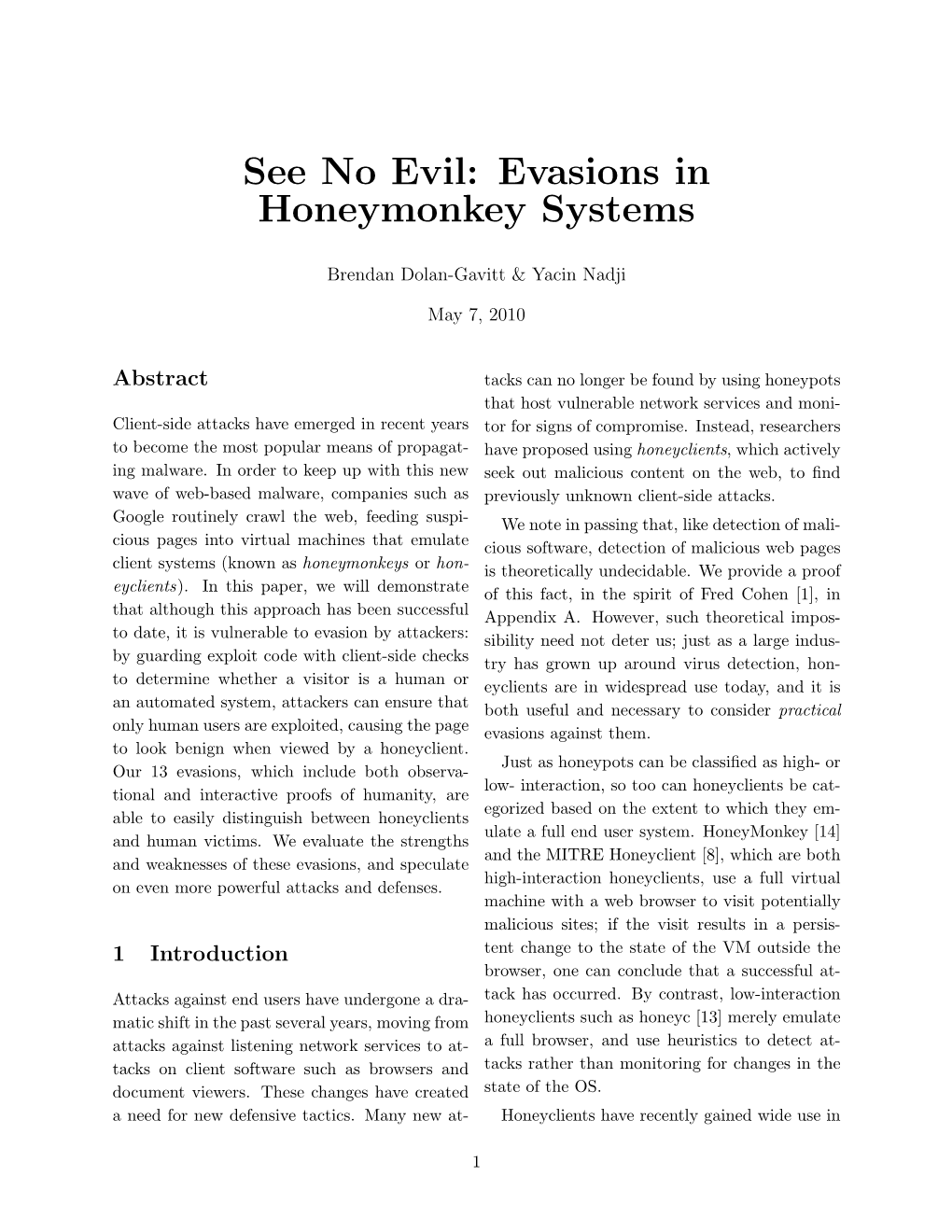 See No Evil: Evasions in Honeymonkey Systems