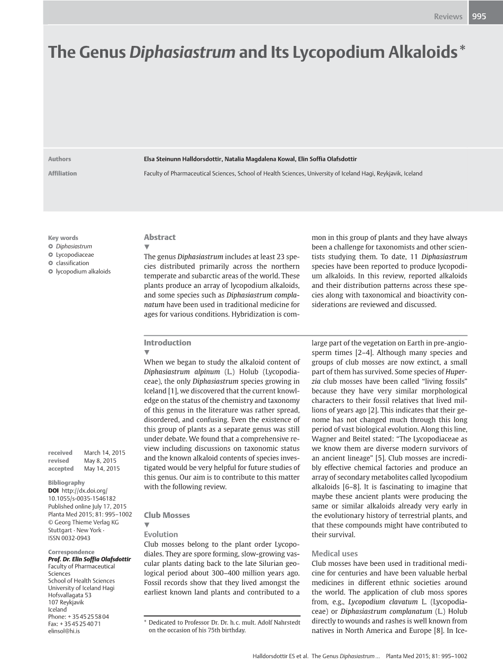 The Genus Diphasiastrum and Its Lycopodium Alkaloids*