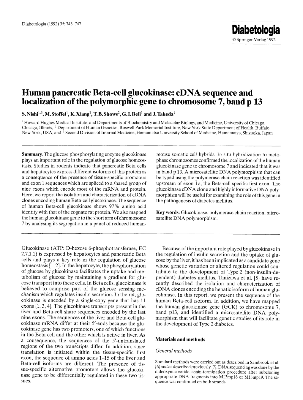 Human Pancreatic Beta-Cell Glucokinase: Cdna Sequence and Localization of the Polymorphic Gene to Chromosome 7, Band P 13