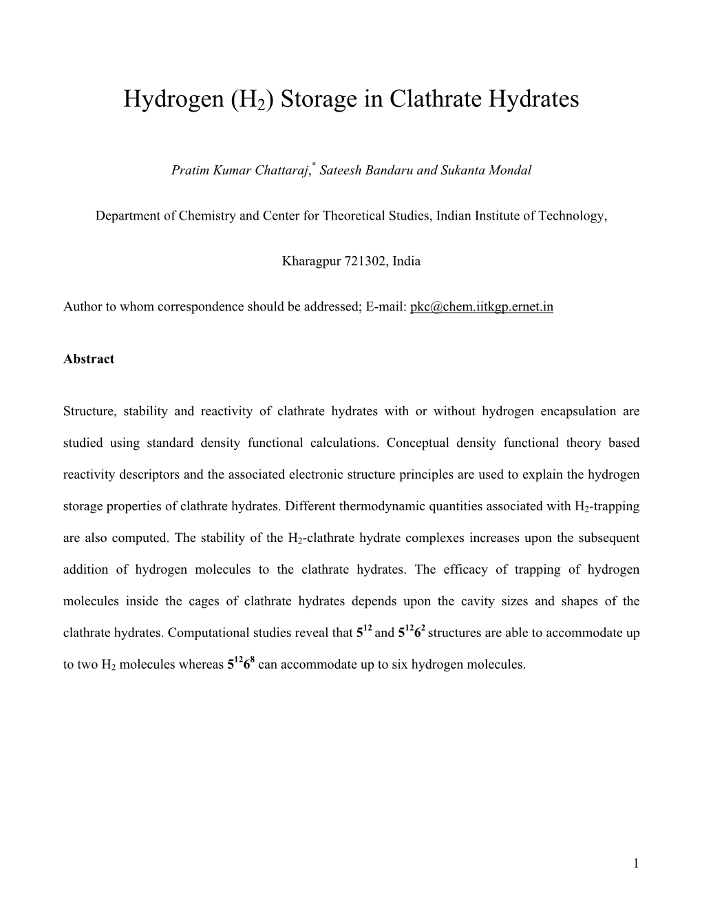 Hydrogen (H2) Storage in Clathrate Hydrates