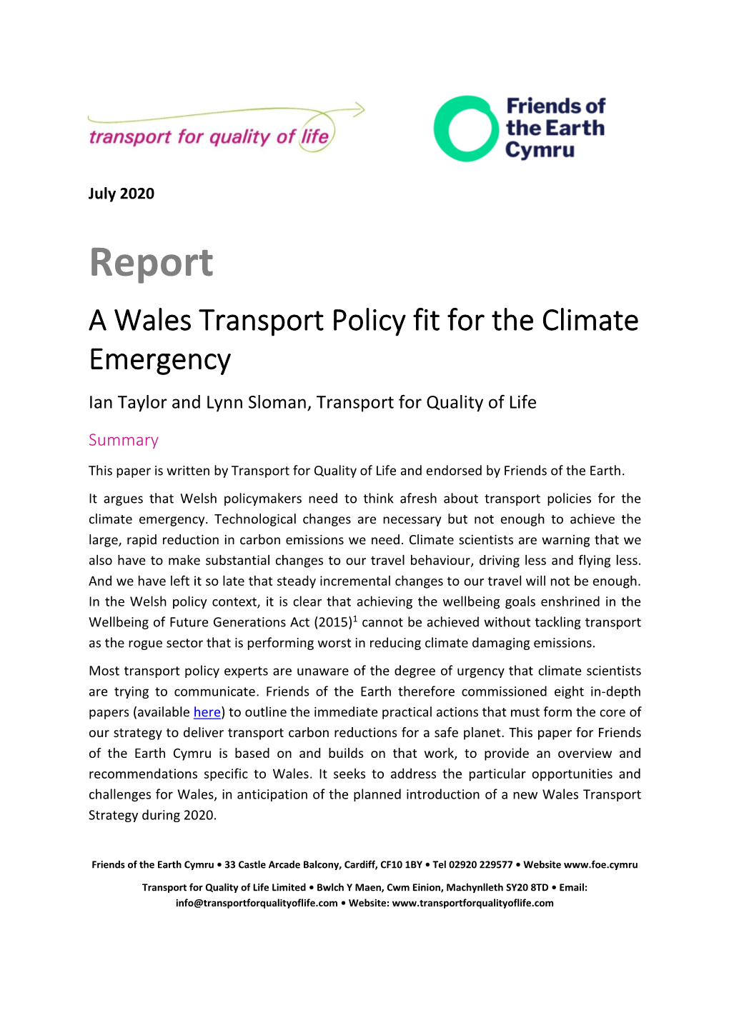 Report: a Wales Transport Policy Fit for the Climate Emergency