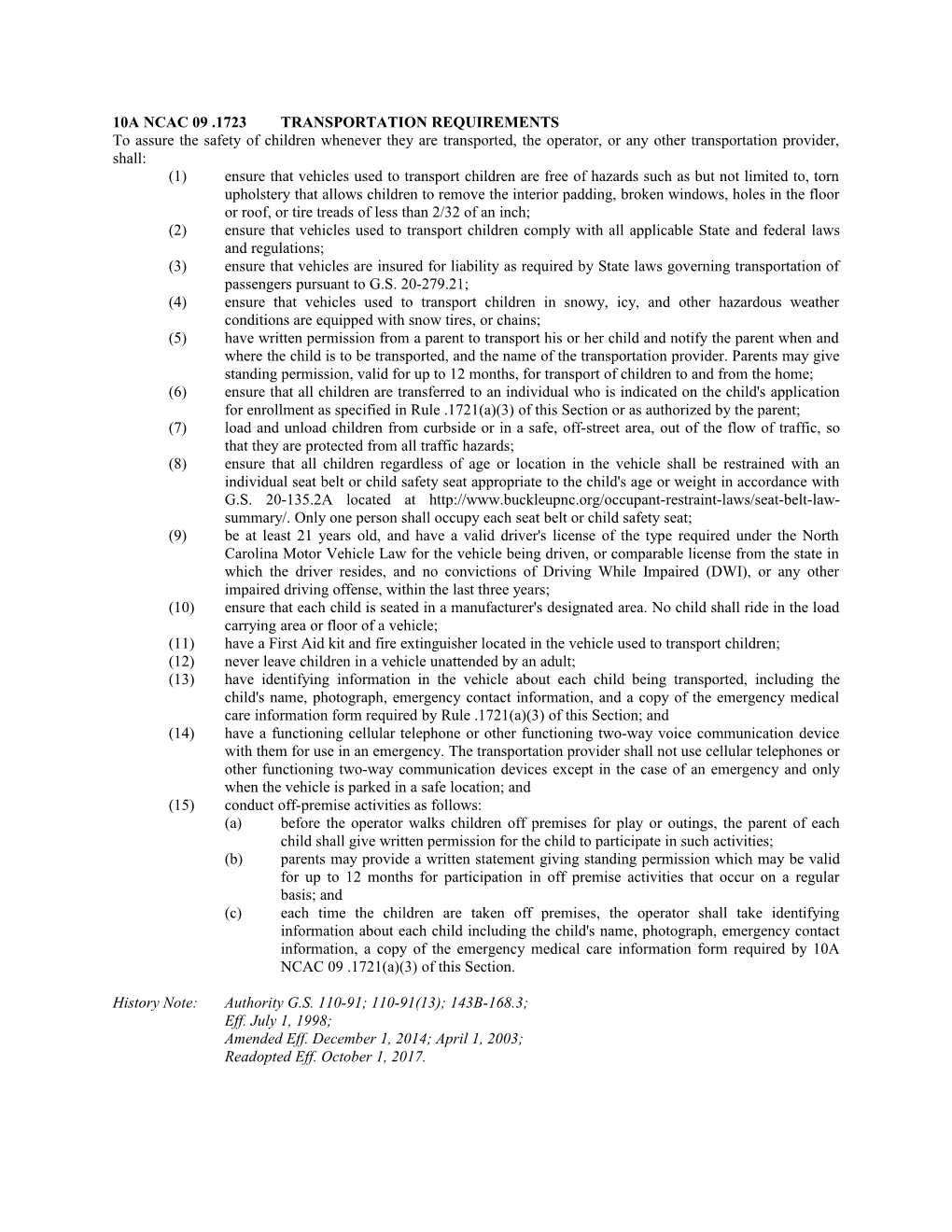 10A Ncac 09 .1723 Transportation Requirements