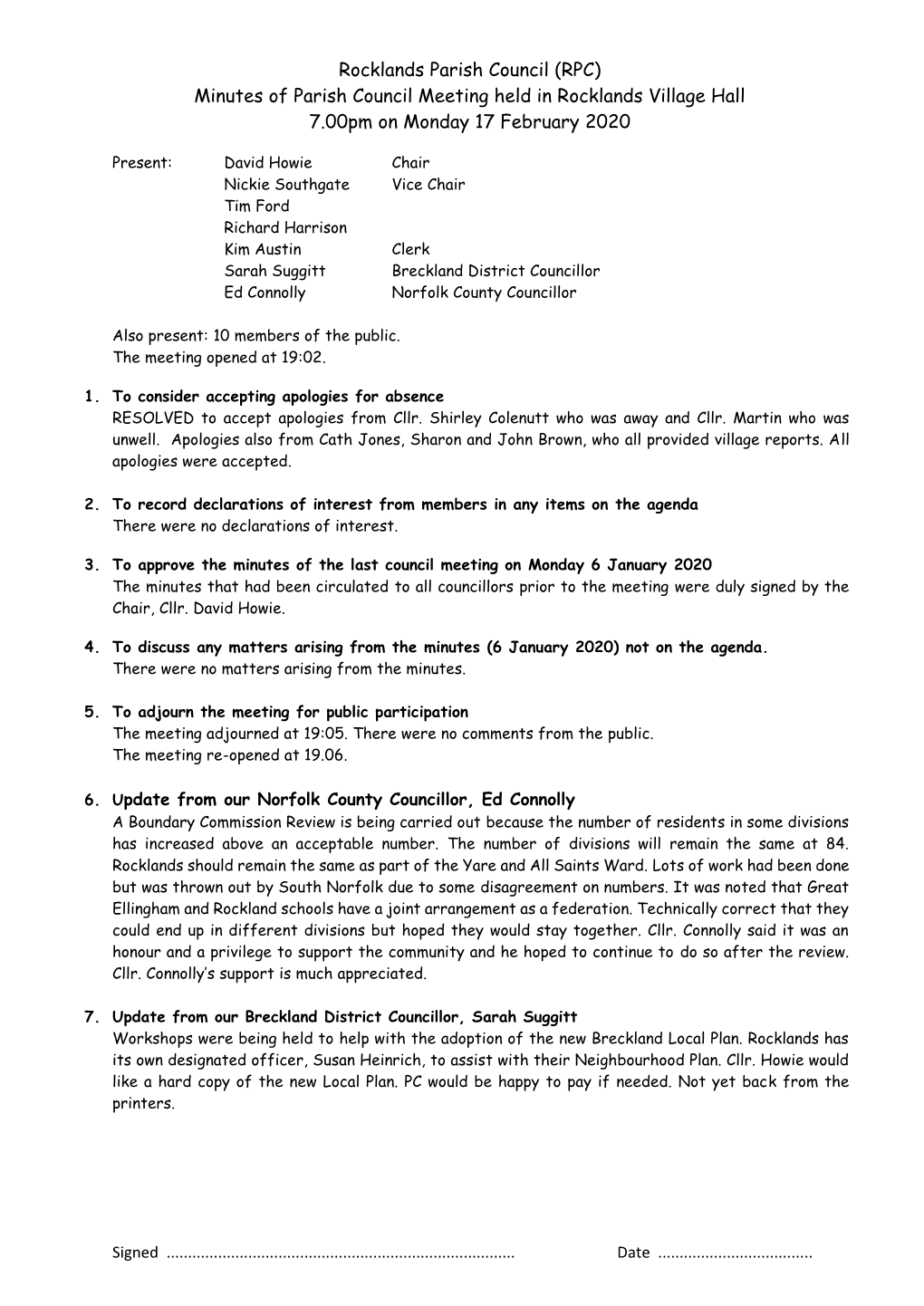 Minutes of Parish Council Meeting Held in Rocklands Village Hall 7.00Pm on Monday 17 February 2020