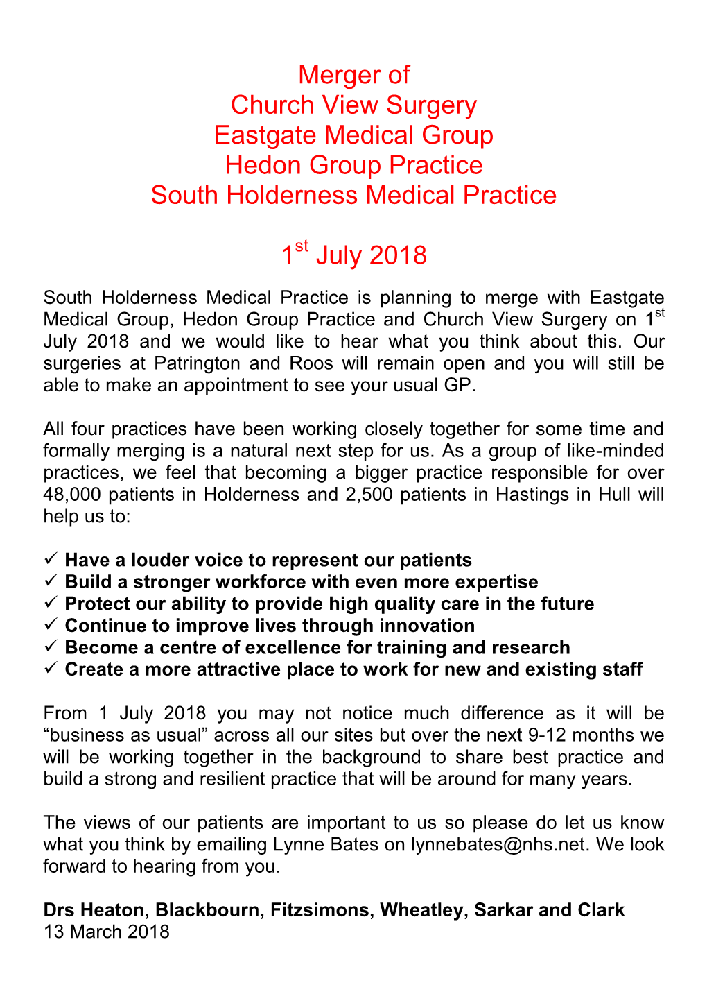 Merger of Church View Surgery Eastgate Medical Group Hedon Group Practice South Holderness Medical Practice 1 July 2018