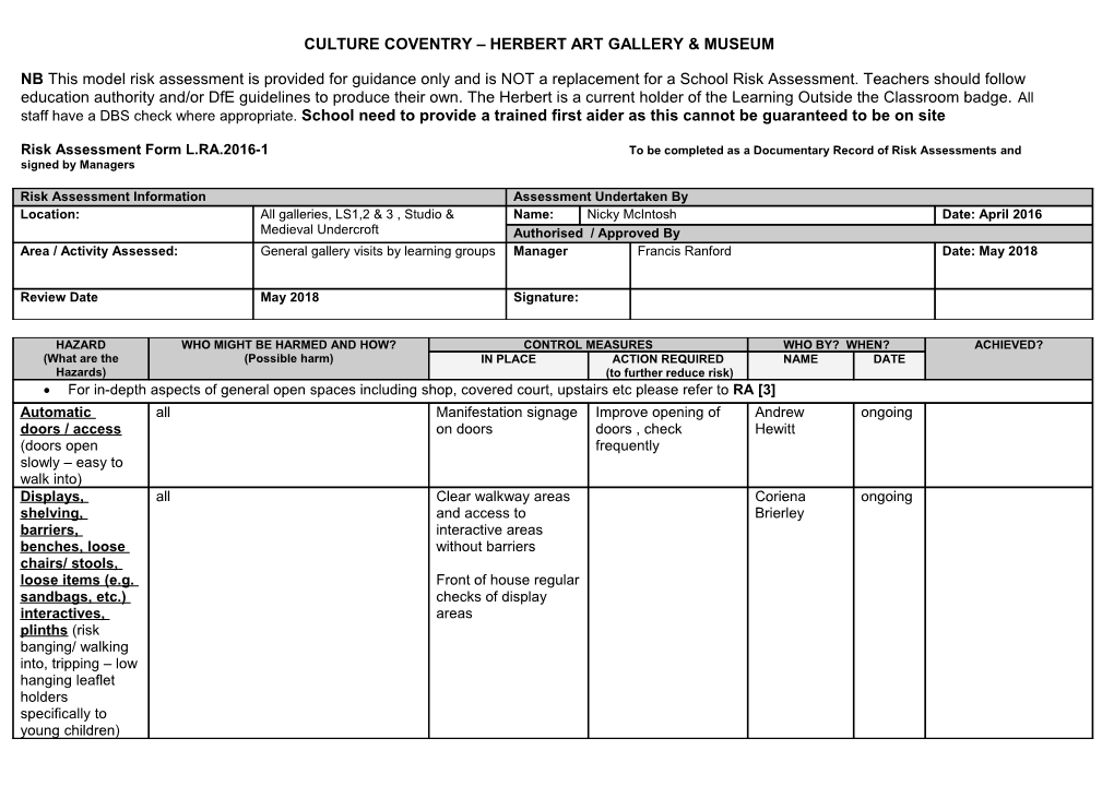 Corporate General Risk Assessment Proforma to Be Completed As a Documentary Record of Risk