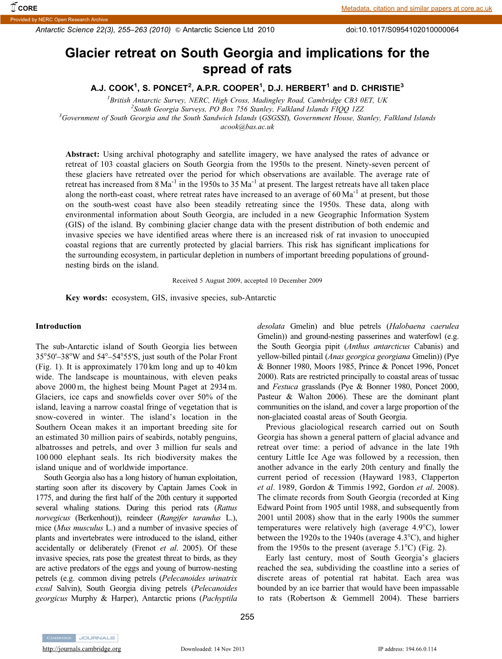 Glacier Retreat on South Georgia and Implications for the Spread of Rats A.J