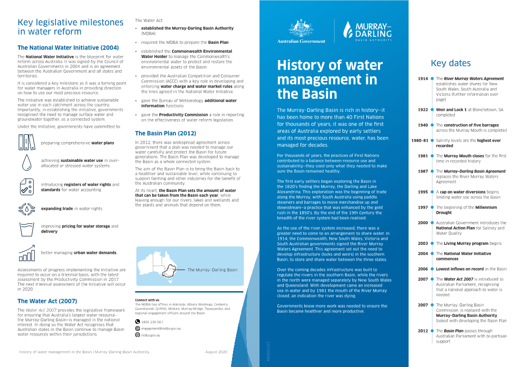 History of Water Management in the Basin | Murray–Darling Basin Authority August 2020 MDBA1265 the Murray–Darling Basin Agreements