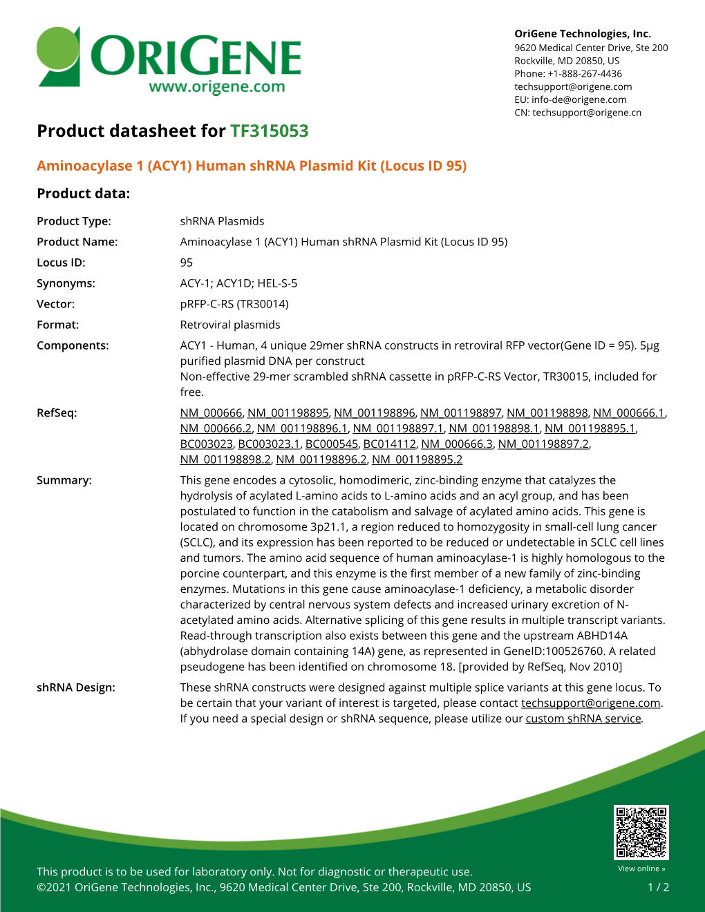 Aminoacylase 1 (ACY1) Human Shrna Plasmid Kit (Locus ID 95) Product Data