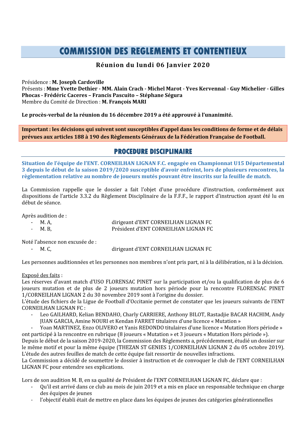 COMMISSION DES REGLEMENTS ET CONTENTIEUX Réunion Du Lundi 06 Janvier 2020