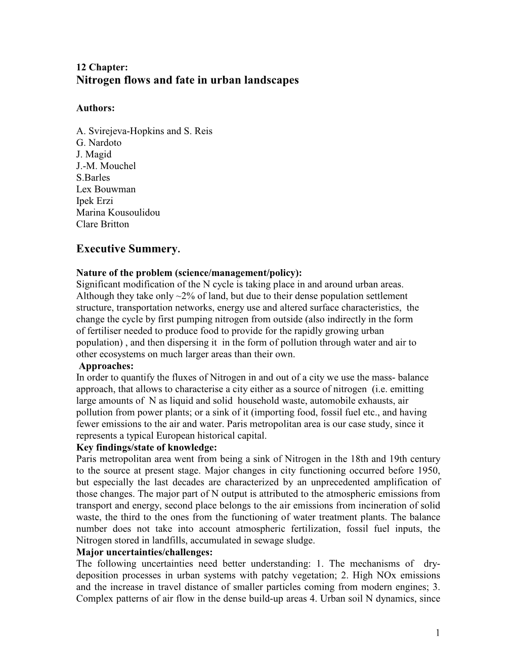 Nitrogen Flows and Fate in Urban Landscapes Executive Summery