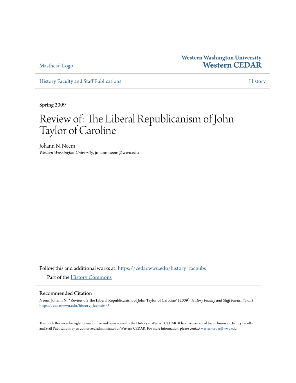 Review Of: the Liberal Republicanism of John Taylor of Caroline Johann N