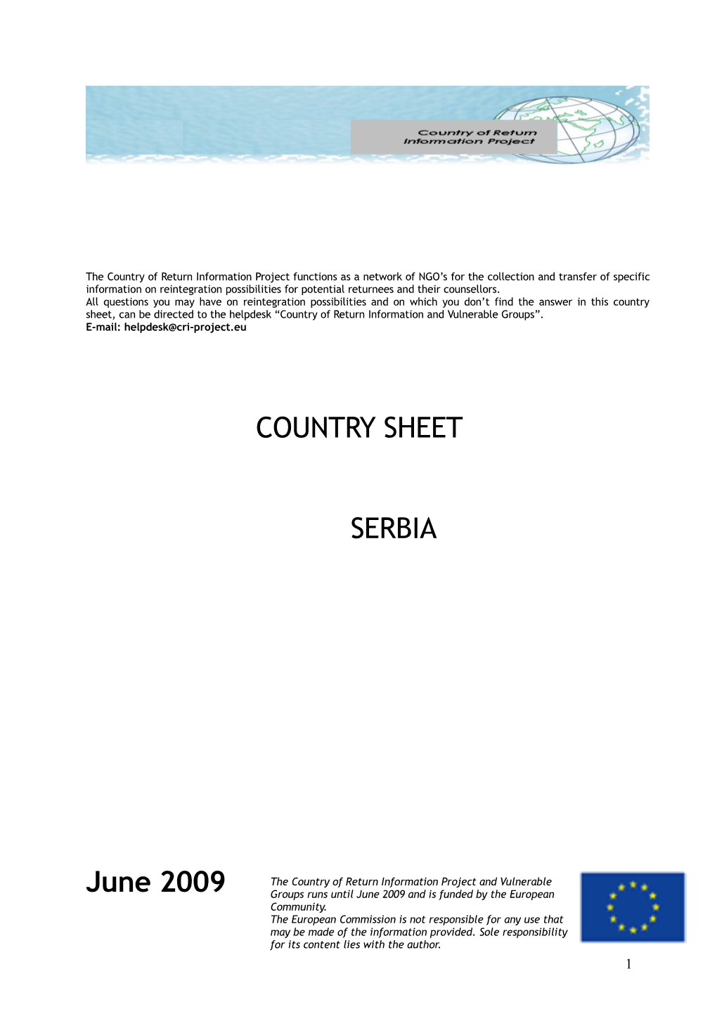 COUNTRY SHEET SERBIA June 2009