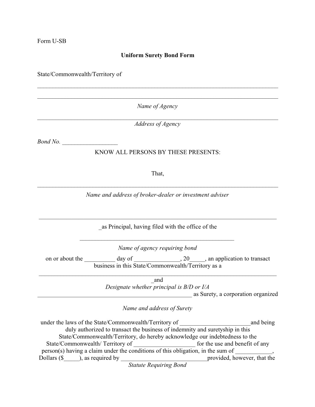 Uniform Surety Bond Form