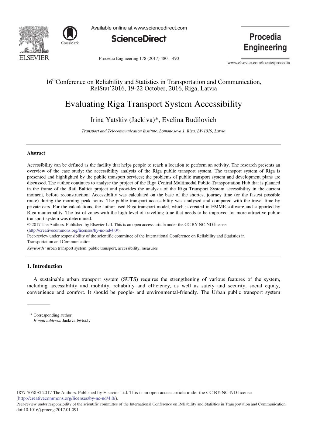 Evaluating Riga Transport System Accessibility