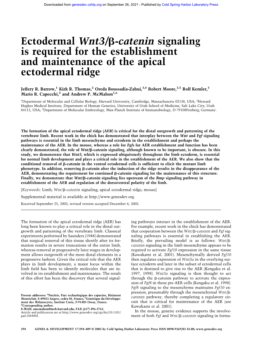 Ectodermal Wnt3/ß-Catenin Signaling Is Required for the Establishment