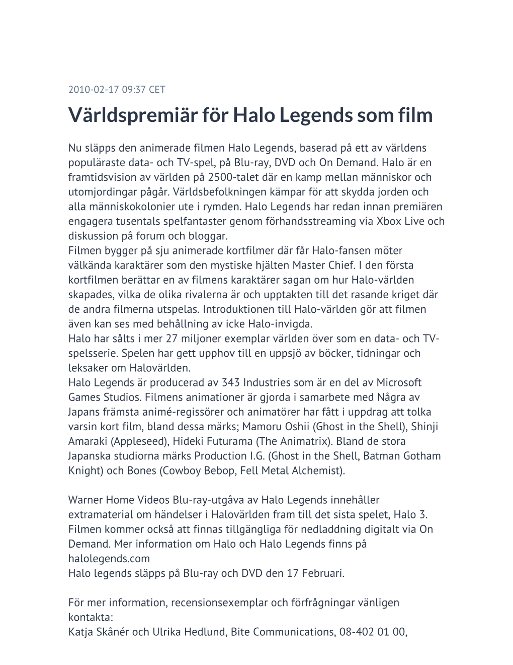 Världspremiär För Halo Legends Som Film