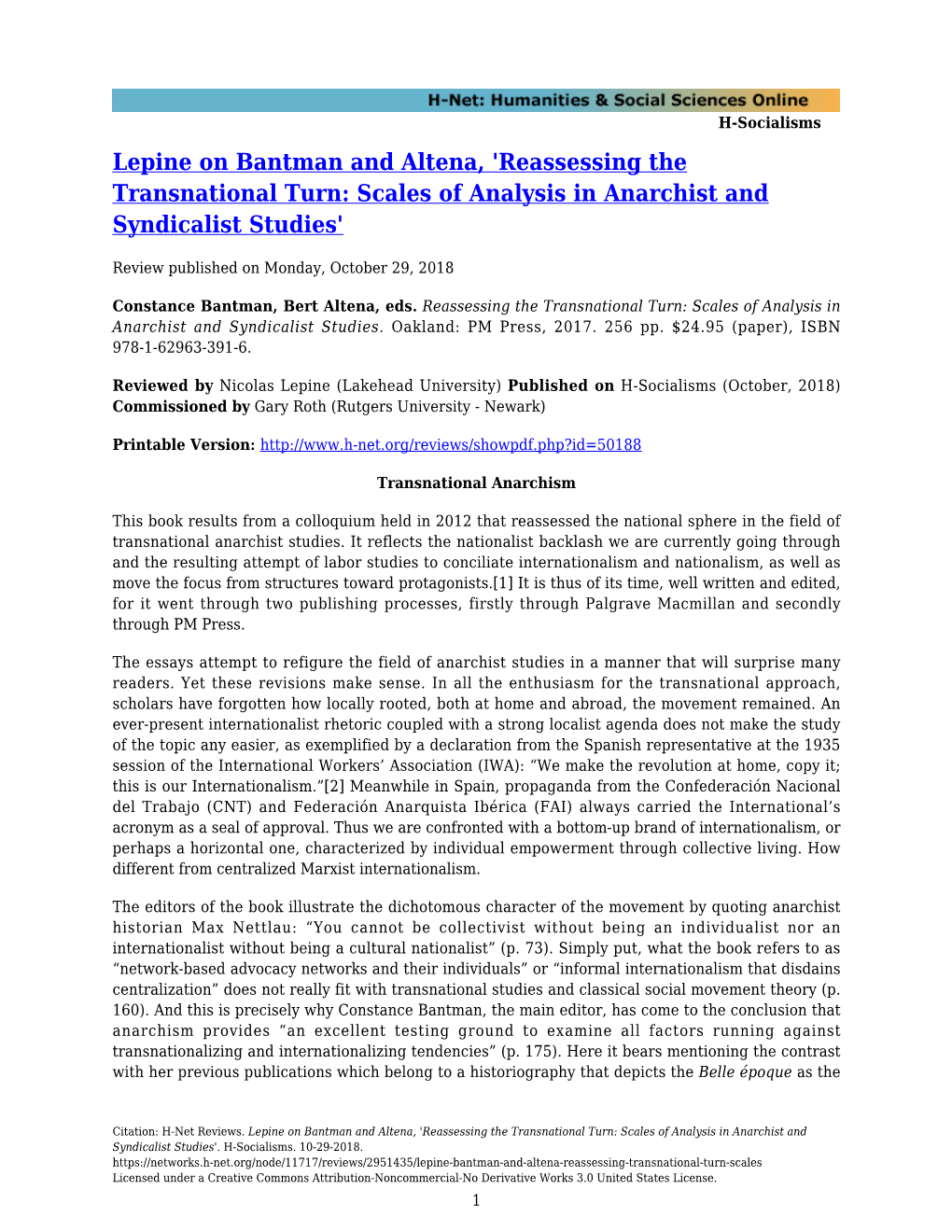 Lepine on Bantman and Altena, 'Reassessing the Transnational Turn: Scales of Analysis in Anarchist and Syndicalist Studies'