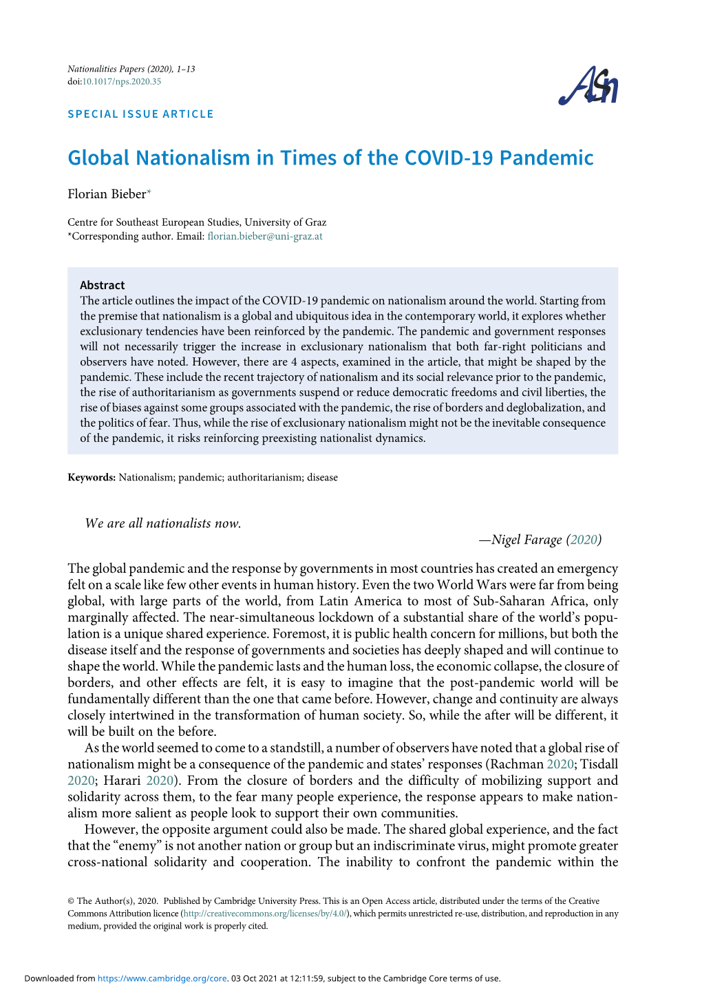 Global Nationalism in Times of the COVID-19 Pandemic