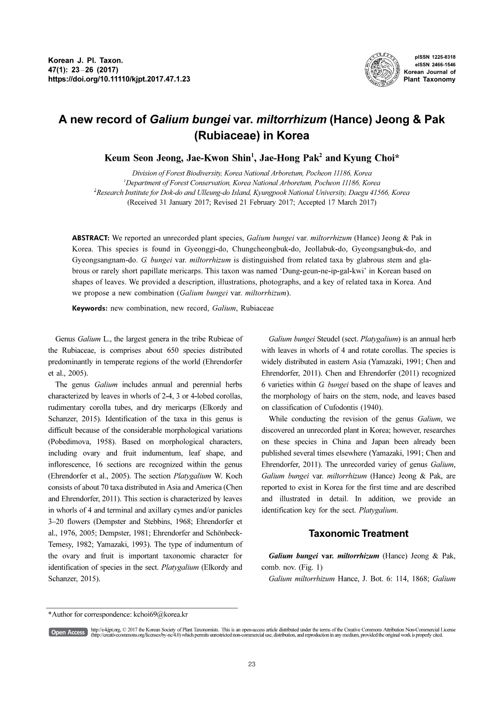 A New Record of Galium Bungei Var. Miltorrhizum (Hance) Jeong &