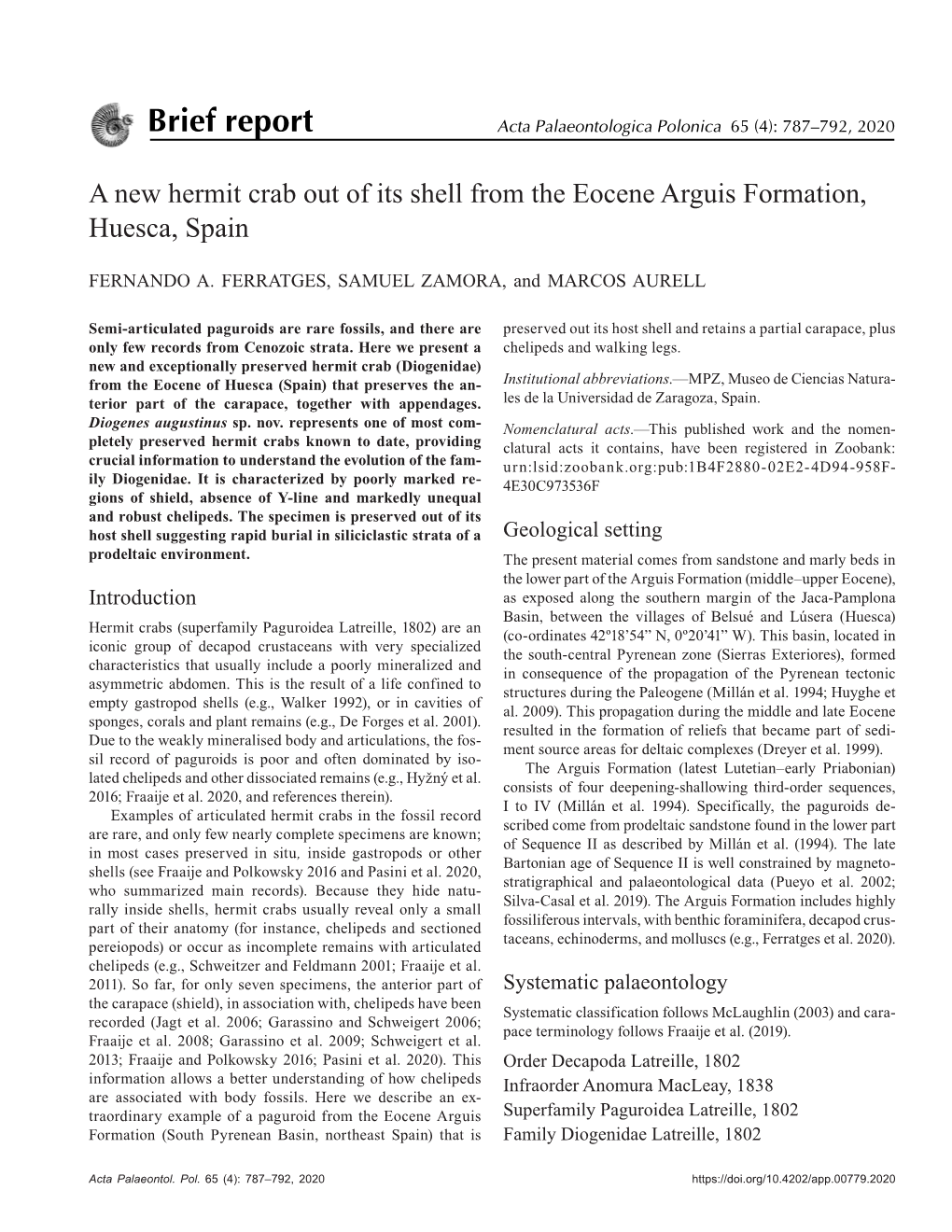 A New Hermit Crab out of Its Shell from the Eocene Arguis Formation, Huesca, Spain