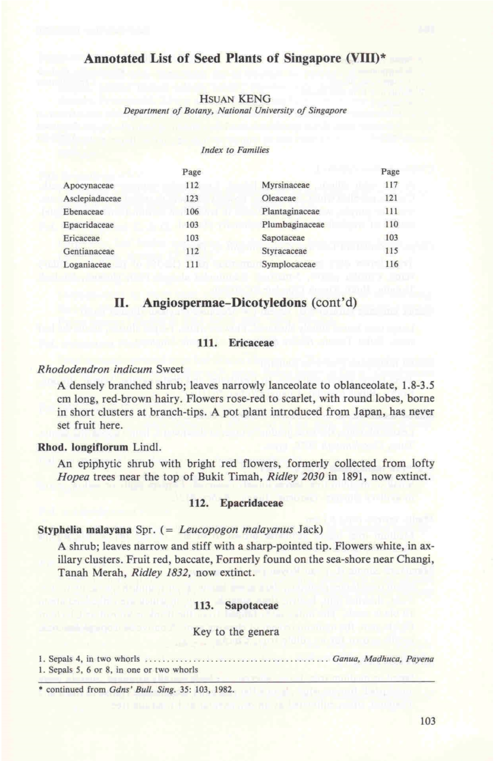 Annotated List of Seed Plants of Singapore (Vffi)* 11. Angiospermae-Dicotyledons ( Cont' D)