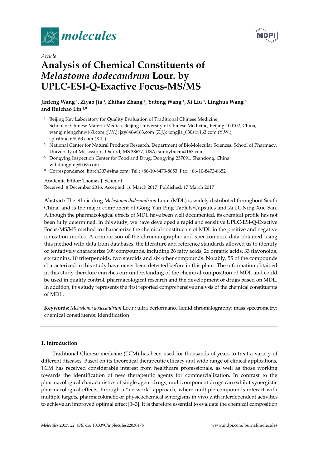 Analysis of Chemical Constituents of Melastoma Dodecandrum Lour. by UPLC-ESI-Q-Exactive Focus-MS/MS